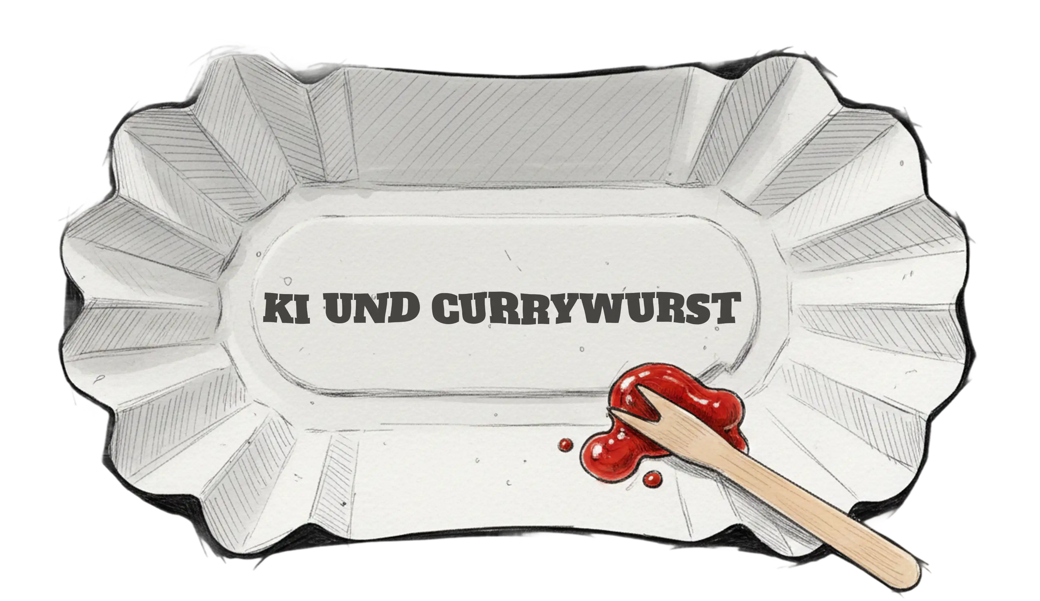 Gezeichnete Pappschale mit Ketchup und einer Holzgabel